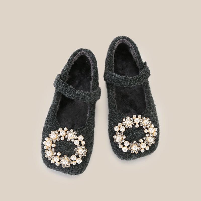 Dječje Mary Jane cipele s plišastom podstavom i kristalima, francuski stil, zimske, zatvaranje Velcro trakom, niski potplat, stil princeze