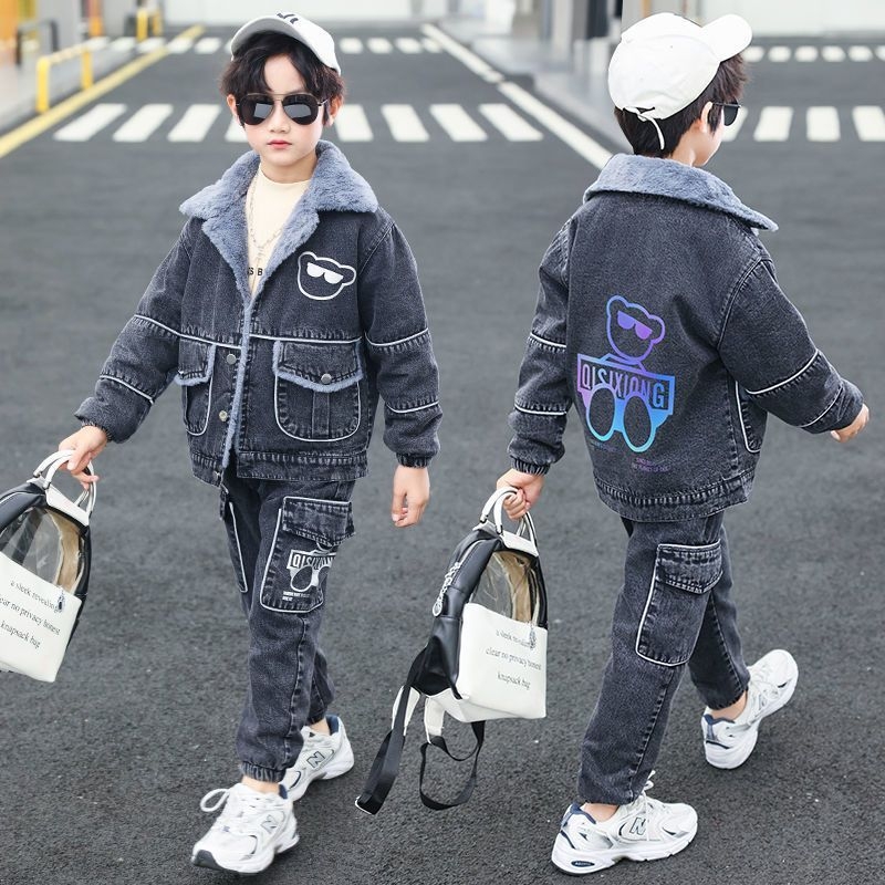 Σετ χειμωνιάτικων ρούχων για αγόρια: τζάκετ από Corduroy και τζιν, με αποσπωμένη κουκούλα, για ηλικίες 1–3 ετών