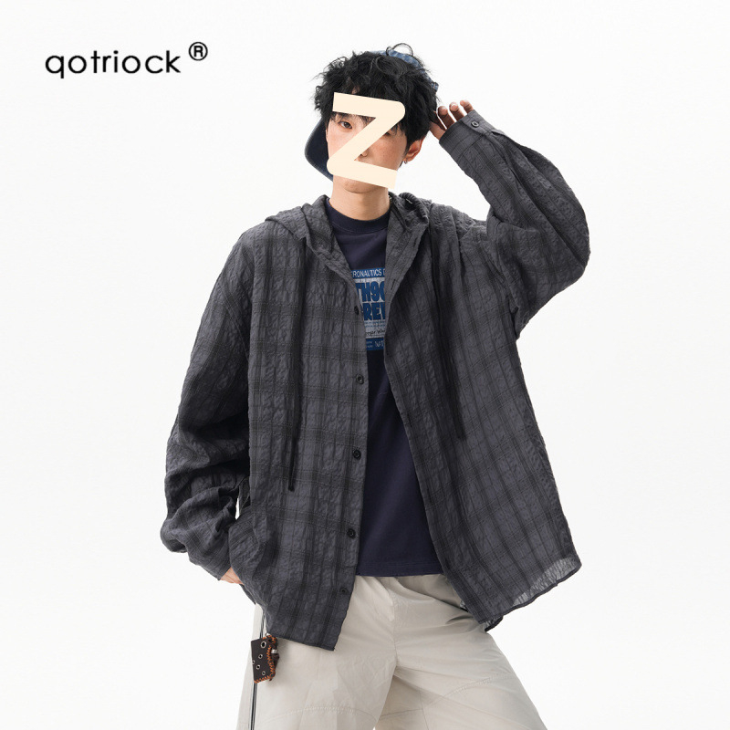 Kapuljačom karirana majica za zaštitu od sunca, unisex, ljeto 2025, slobodan kroj, polar fleece Vinylon tkanina, mladenački stil, za kišno vrijeme