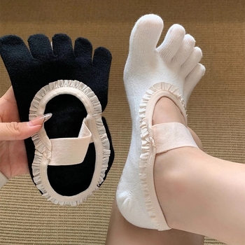 Čarape s pet prstiju od pamuka za jogu i pilates, upijaju znoj, protiv trenja, do potkoljenice