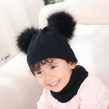 Σετ πλεκτό για μωρά: καπέλο και κασκόλ με υπερμεγέθη γούνα ρακούν από μαλλί, δύο τεμάχια, μονόχρωμο σχέδιο, ουδέτερο φύλο, για παιδιά, επεξεργασία Tie-Dye