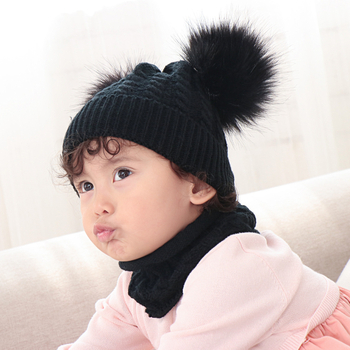 Σετ πλεκτό για μωρά: καπέλο και κασκόλ με υπερμεγέθη γούνα ρακούν από μαλλί, δύο τεμάχια, μονόχρωμο σχέδιο, ουδέτερο φύλο, για παιδιά, επεξεργασία Tie-Dye