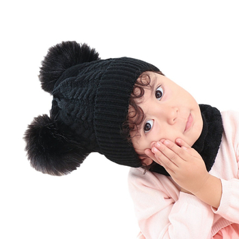 Σετ πλεκτό για μωρά: καπέλο και κασκόλ με υπερμεγέθη γούνα ρακούν από μαλλί, δύο τεμάχια, μονόχρωμο σχέδιο, ουδέτερο φύλο, για παιδιά, επεξεργασία Tie-Dye