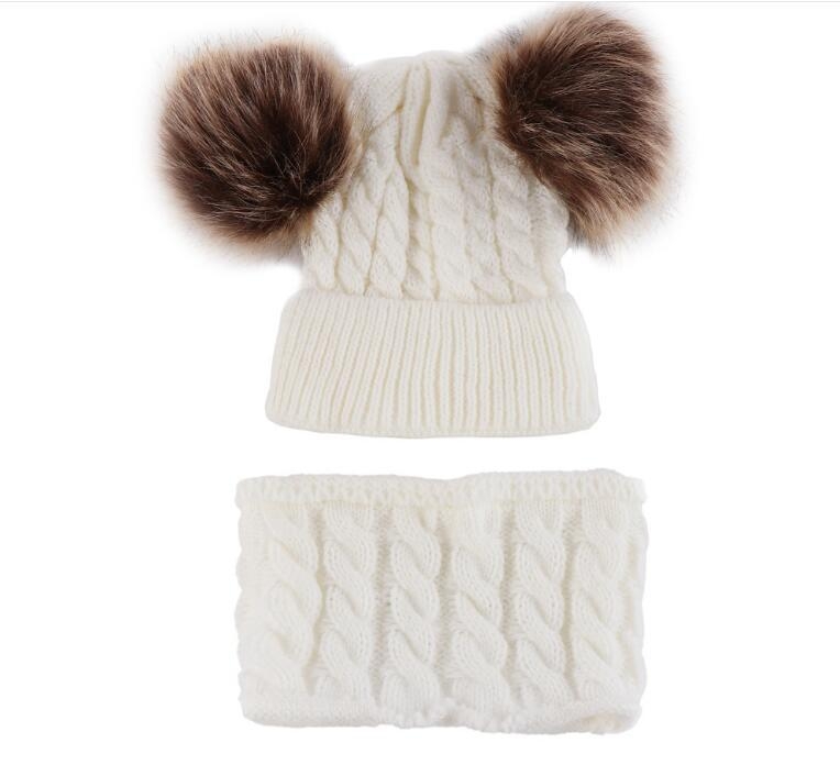 Σετ πλεκτό για μωρά: καπέλο και κασκόλ με υπερμεγέθη γούνα ρακούν από μαλλί, δύο τεμάχια, μονόχρωμο σχέδιο, ουδέτερο φύλο, για παιδιά, επεξεργασία Tie-Dye