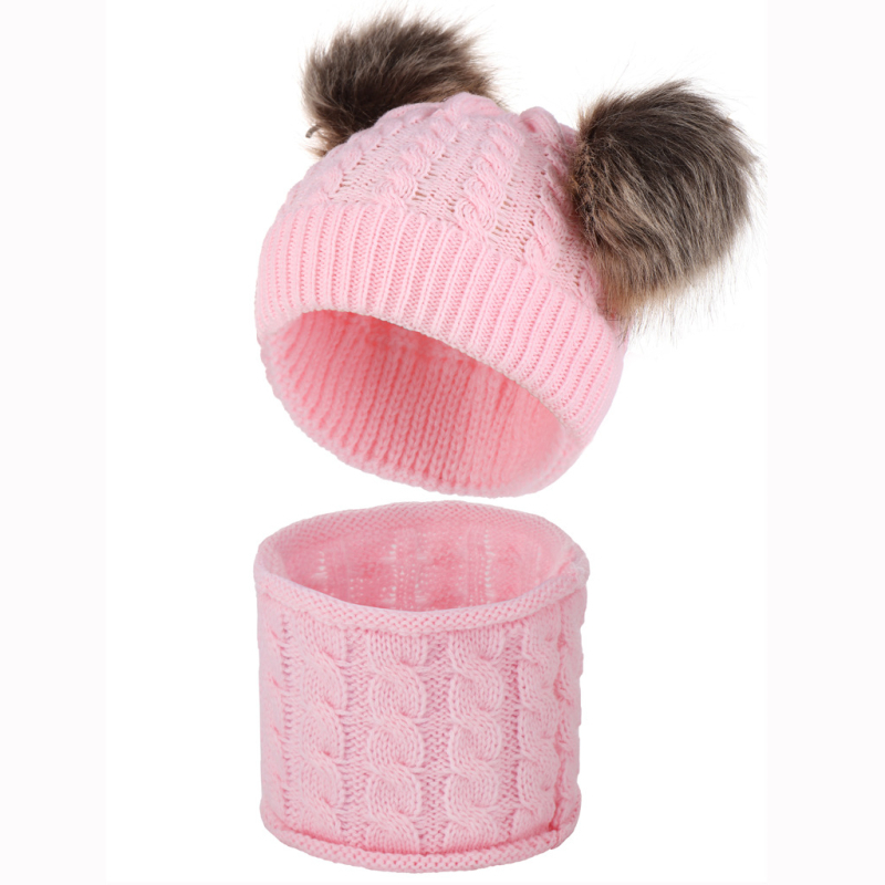 Σετ πλεκτό για μωρά: καπέλο και κασκόλ με υπερμεγέθη γούνα ρακούν από μαλλί, δύο τεμάχια, μονόχρωμο σχέδιο, ουδέτερο φύλο, για παιδιά, επεξεργασία Tie-Dye