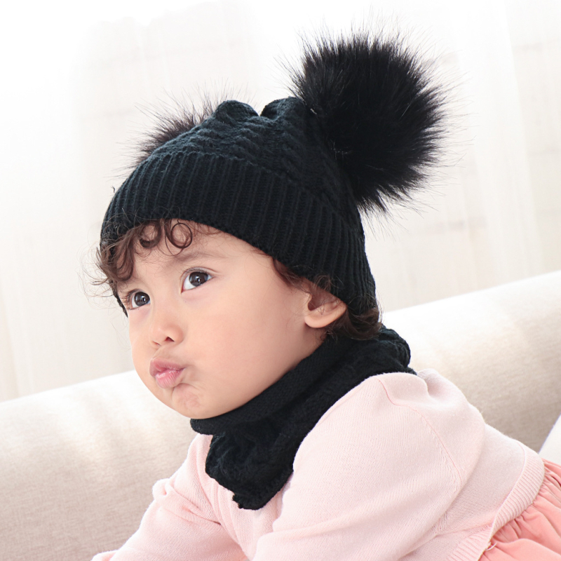 Σετ πλεκτό για μωρά: καπέλο και κασκόλ με υπερμεγέθη γούνα ρακούν από μαλλί, δύο τεμάχια, μονόχρωμο σχέδιο, ουδέτερο φύλο, για παιδιά, επεξεργασία Tie-Dye