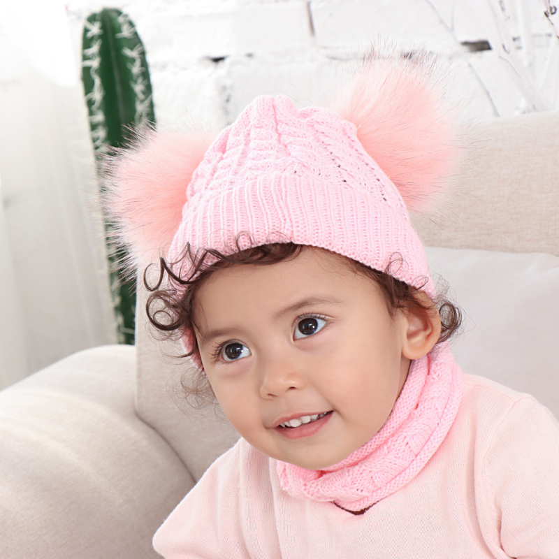 Σετ πλεκτό για μωρά: καπέλο και κασκόλ με υπερμεγέθη γούνα ρακούν από μαλλί, δύο τεμάχια, μονόχρωμο σχέδιο, ουδέτερο φύλο, για παιδιά, επεξεργασία Tie-Dye