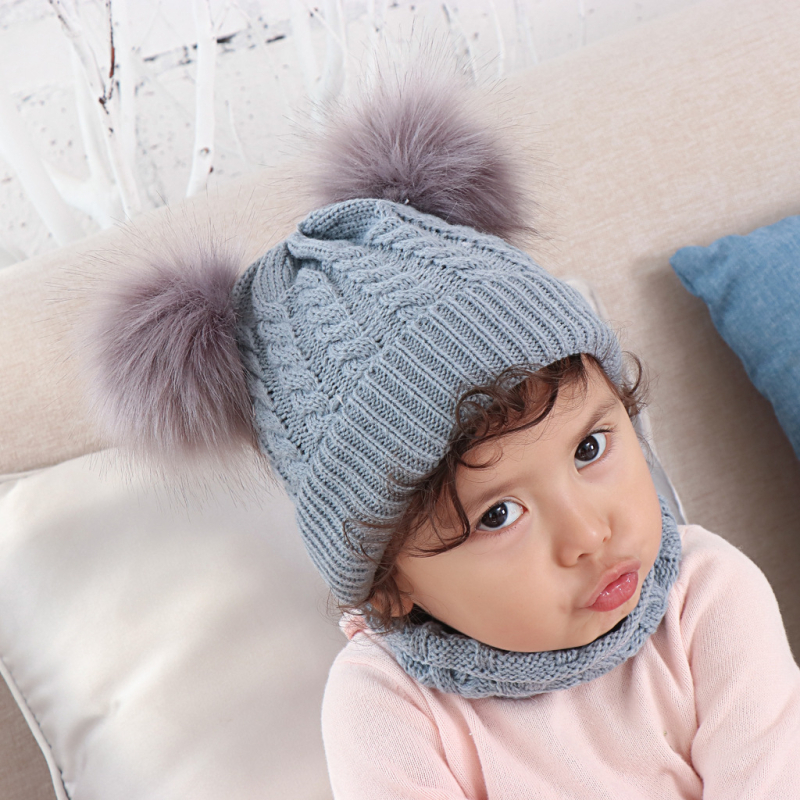 Σετ πλεκτό για μωρά: καπέλο και κασκόλ με υπερμεγέθη γούνα ρακούν από μαλλί, δύο τεμάχια, μονόχρωμο σχέδιο, ουδέτερο φύλο, για παιδιά, επεξεργασία Tie-Dye