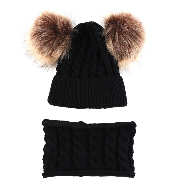 Σετ πλεκτό για μωρά: καπέλο και κασκόλ με υπερμεγέθη γούνα ρακούν από μαλλί, δύο τεμάχια, μονόχρωμο σχέδιο, ουδέτερο φύλο, για παιδιά, επεξεργασία Tie-Dye