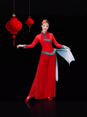 Női Yangko táncruha – kínai stílusú dobos előadásra, ünnepi színpadi viselet, chiffon anyag 95%+ elasztán