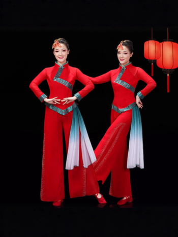 Női Yangko táncruha – kínai stílusú dobos előadásra, ünnepi színpadi viselet, chiffon anyag 95%+ elasztán