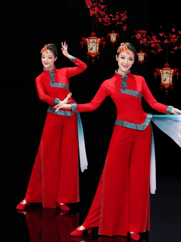 Női Yangko táncruha – kínai stílusú dobos előadásra, ünnepi színpadi viselet, chiffon anyag 95%+ elasztán