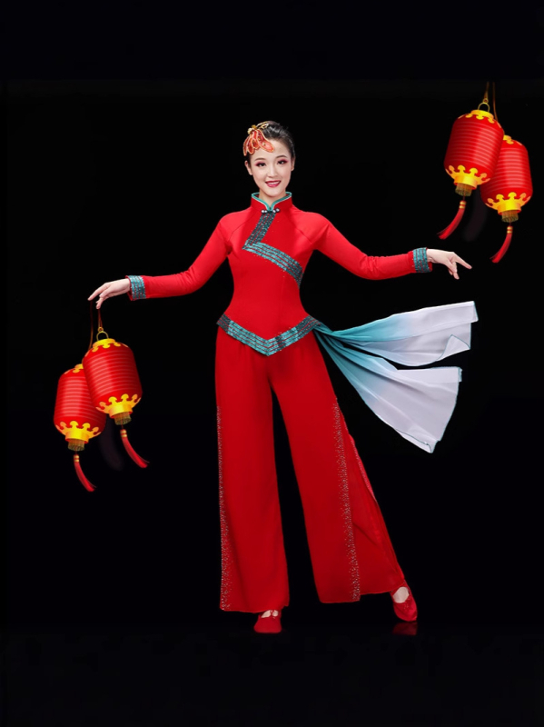 Női Yangko táncruha – kínai stílusú dobos előadásra, ünnepi színpadi viselet, chiffon anyag 95%+ elasztán