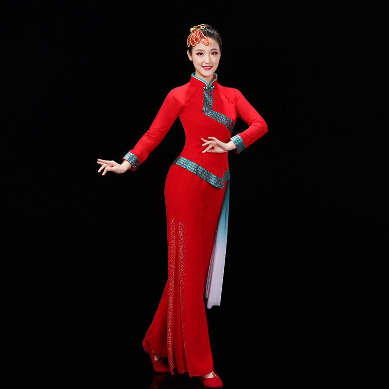 Női Yangko táncruha – kínai stílusú dobos előadásra, ünnepi színpadi viselet, chiffon anyag 95%+ elasztán