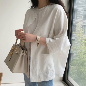 Top cardigan pentru femei, stil japonez și coreean, material bumbac și in cu conținut de cânepă 30-50%, croială Slim-Fit, mâneci 3/4