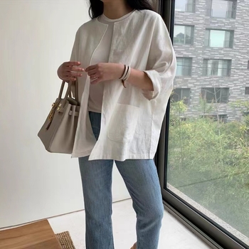 Top cardigan pentru femei, stil japonez și coreean, material bumbac și in cu conținut de cânepă 30-50%, croială Slim-Fit, mâneci 3/4
