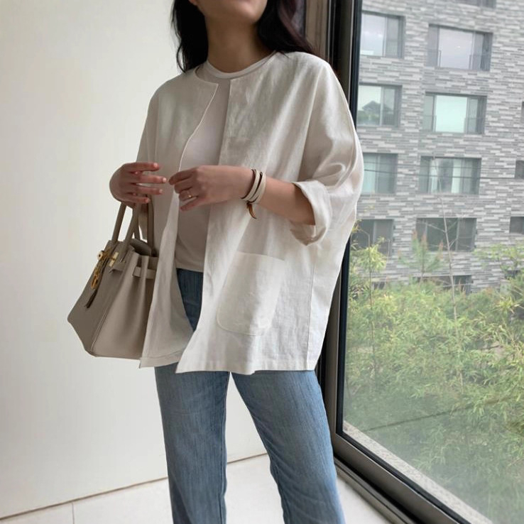 Top cardigan pentru femei, stil japonez și coreean, material bumbac și in cu conținut de cânepă 30-50%, croială Slim-Fit, mâneci 3/4