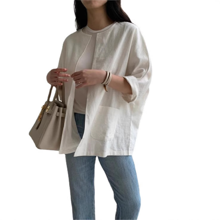 Top cardigan pentru femei, stil japonez și coreean, material bumbac și in cu conținut de cânepă 30-50%, croială Slim-Fit, mâneci 3/4