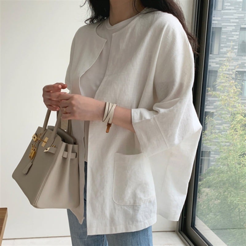 Top cardigan pentru femei, stil japonez și coreean, material bumbac și in cu conținut de cânepă 30-50%, croială Slim-Fit, mâneci 3/4