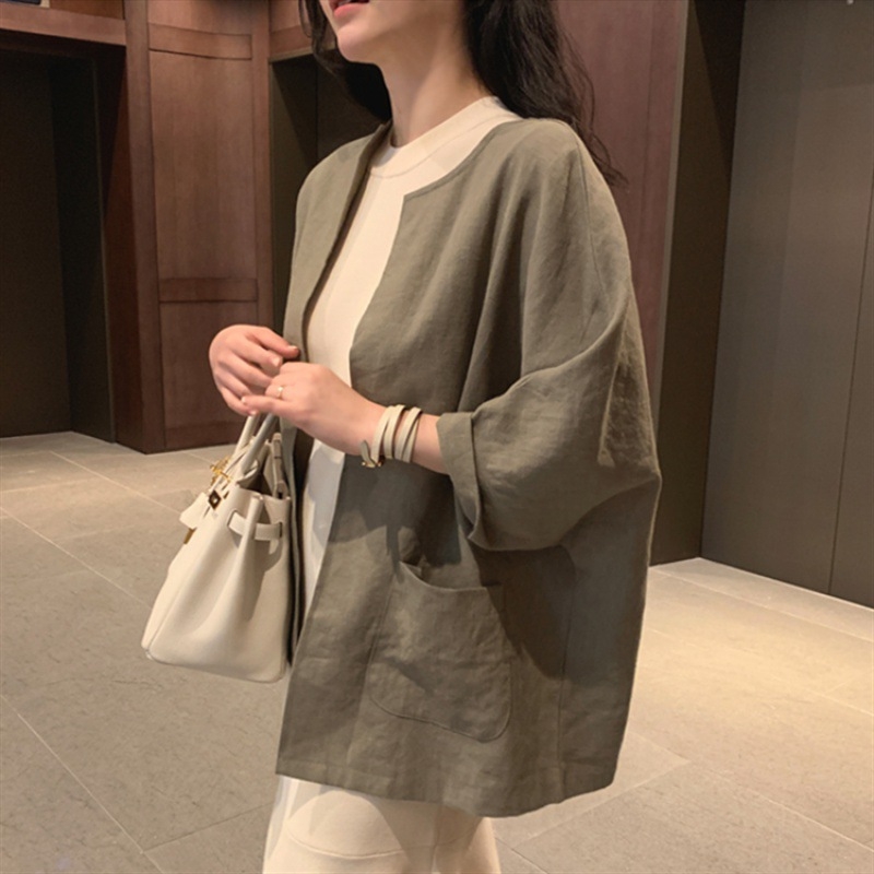 Top cardigan pentru femei, stil japonez și coreean, material bumbac și in cu conținut de cânepă 30-50%, croială Slim-Fit, mâneci 3/4