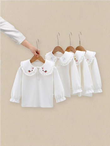 Tricou polo pentru fete, stil coreean, mâneci lungi, bumbac, broderie, model desen animat