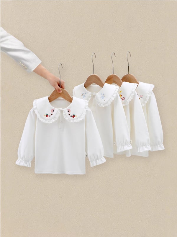 Tricou polo pentru fete, stil coreean, mâneci lungi, bumbac, broderie, model desen animat