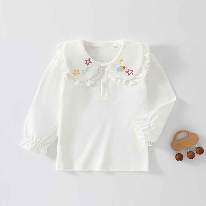 Tricou polo pentru fete, stil coreean, mâneci lungi, bumbac, broderie, model desen animat