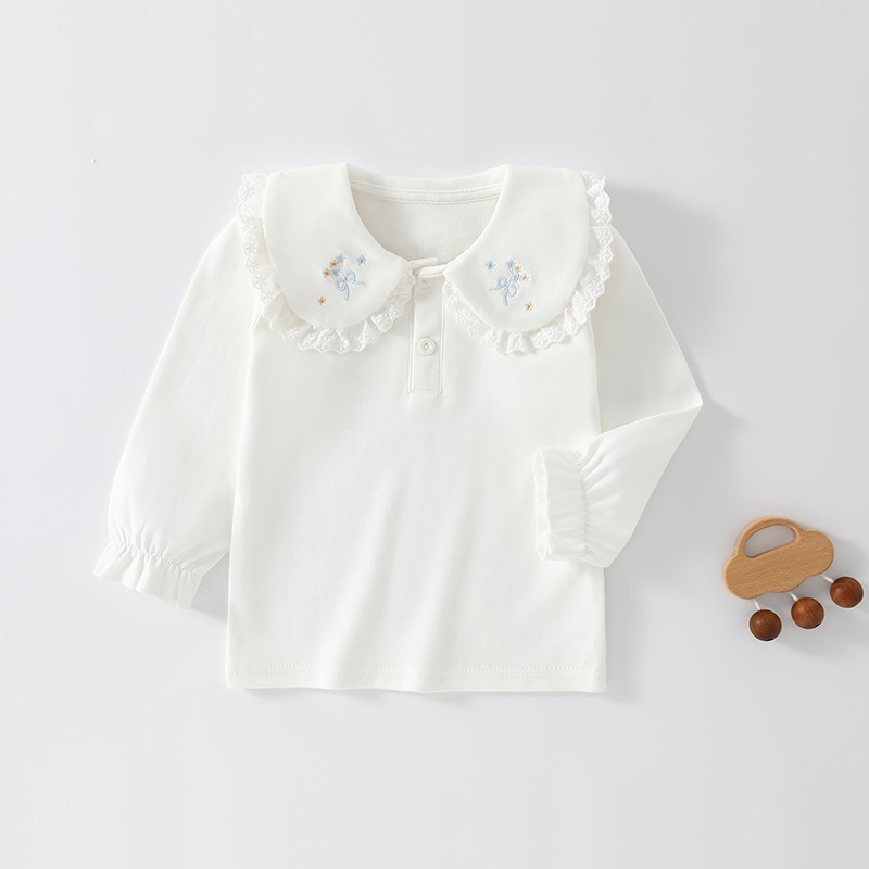 Tricou polo pentru fete, stil coreean, mâneci lungi, bumbac, broderie, model desen animat