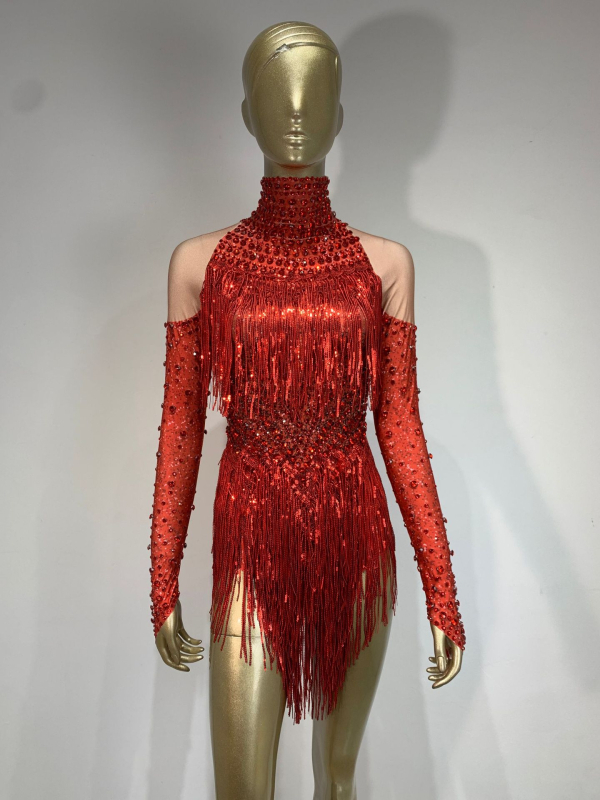 Swtao sjajan latinski plesni jednopojasni jumpsuit za ženske grupne nastupe – spandex 70–80%, poliester 30–50%, proljeće 2024, dob 18–24