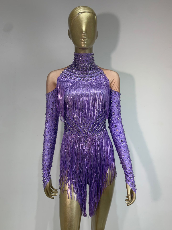 Swtao sjajan latinski plesni jednopojasni jumpsuit za ženske grupne nastupe – spandex 70–80%, poliester 30–50%, proljeće 2024, dob 18–24
