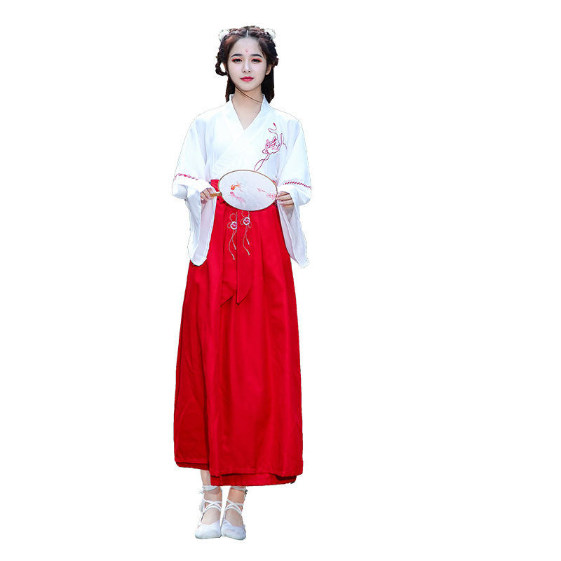 Hanfu komplet s ovratnikom i suknjom za žene - ljetni kineski stil starodavni kostim, pamuk (Glavna tkanina: Pamuk; Podstava: Pamuk; Tkanina 2: Pamuk; Tkanina 3: Pamuk; Sadržaj podstave: 50%)