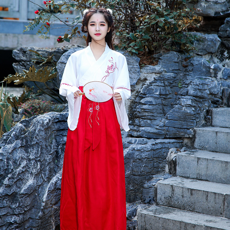 Hanfu komplet s ovratnikom i suknjom za žene - ljetni kineski stil starodavni kostim, pamuk (Glavna tkanina: Pamuk; Podstava: Pamuk; Tkanina 2: Pamuk; Tkanina 3: Pamuk; Sadržaj podstave: 50%)