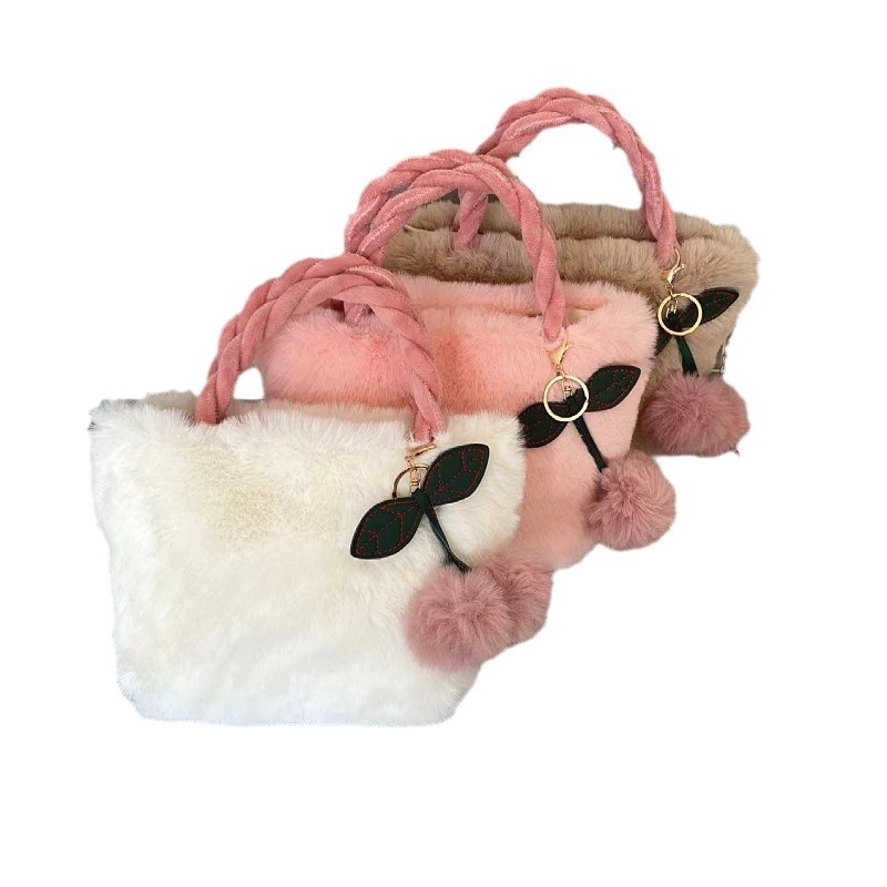 Pluš bucket torbica s imitacijom krznenog zeca, velika kapaciteta, crossbody remen, magnetsko zatvaranje, džep za mobitel, poliester podstava