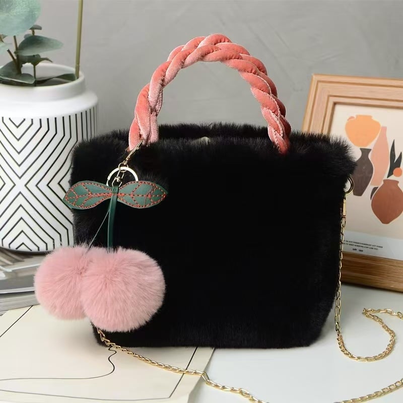 Pluš bucket torbica s imitacijom krznenog zeca, velika kapaciteta, crossbody remen, magnetsko zatvaranje, džep za mobitel, poliester podstava