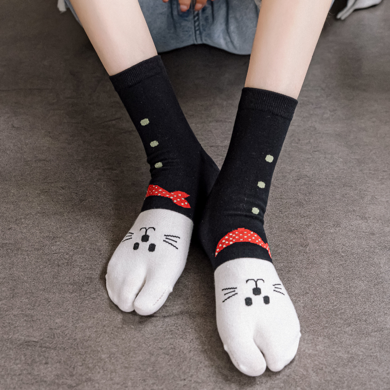 Pamukaste čarape za žene s pet prstiju, japanski stil, dizajn mačke, srednja duljina, pletene jednim iglom