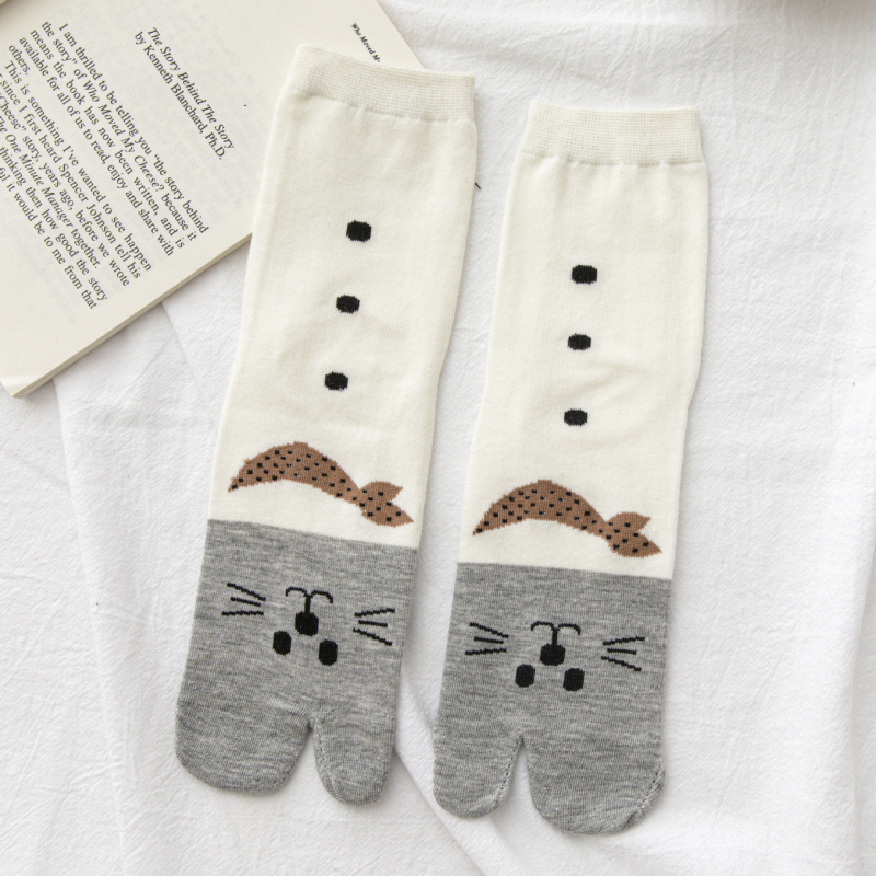 Pamukaste čarape za žene s pet prstiju, japanski stil, dizajn mačke, srednja duljina, pletene jednim iglom