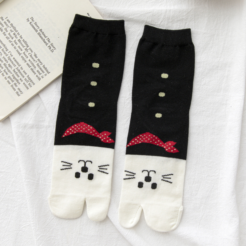 Pamukaste čarape za žene s pet prstiju, japanski stil, dizajn mačke, srednja duljina, pletene jednim iglom