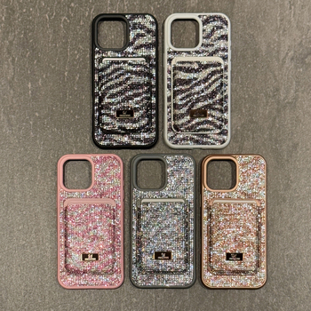Carcasă telefon cu buzunar magnetic pentru carduri, model zebra cu rhinestones – material PC, anti-cădere, compatibilă cu iPhone 13/13 Pro Max și 14/14 Pro Max