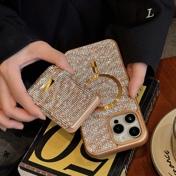 Carcasă telefon cu buzunar magnetic pentru carduri, model zebra cu rhinestones – material PC, anti-cădere, compatibilă cu iPhone 13/13 Pro Max și 14/14 Pro Max