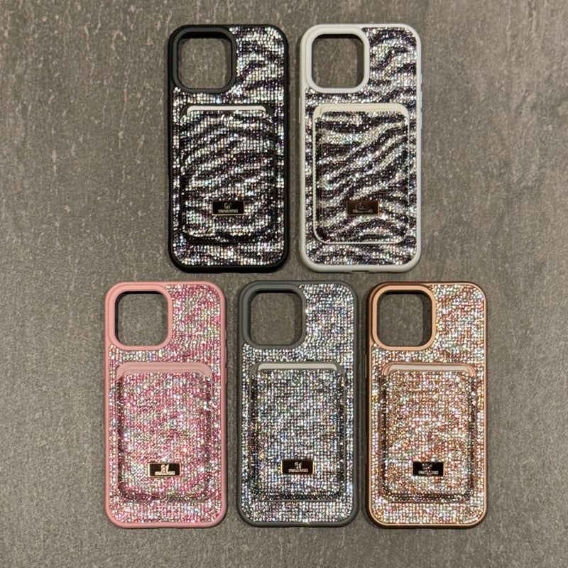 Carcasă telefon cu buzunar magnetic pentru carduri, model zebra cu rhinestones – material PC, anti-cădere, compatibilă cu iPhone 13/13 Pro Max și 14/14 Pro Max