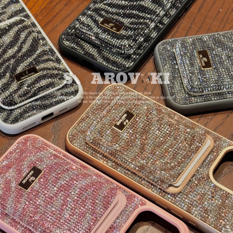 Carcasă telefon cu buzunar magnetic pentru carduri, model zebra cu rhinestones – material PC, anti-cădere, compatibilă cu iPhone 13/13 Pro Max și 14/14 Pro Max