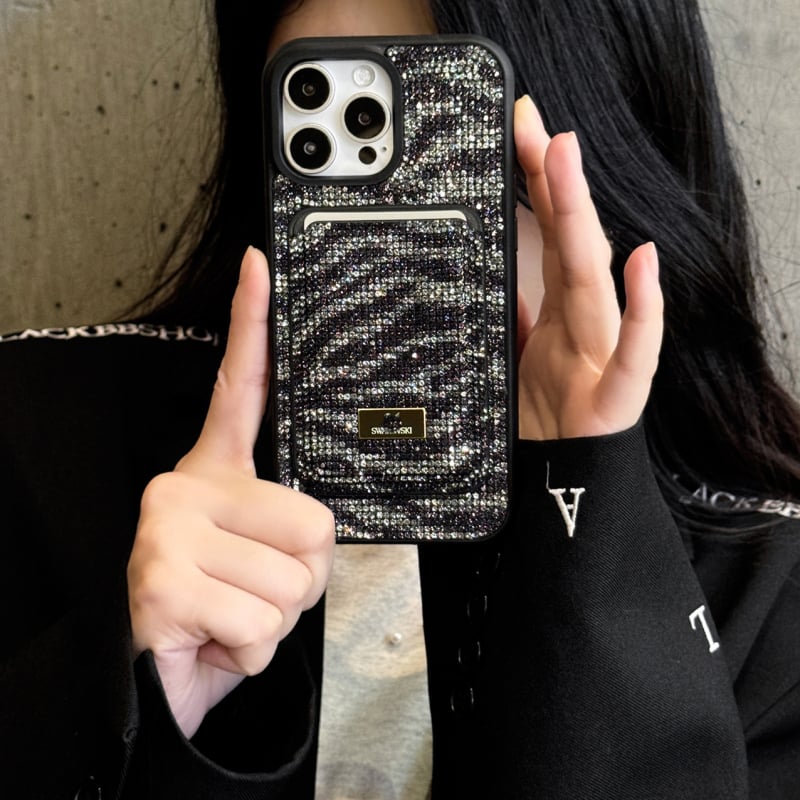 Carcasă telefon cu buzunar magnetic pentru carduri, model zebra cu rhinestones – material PC, anti-cădere, compatibilă cu iPhone 13/13 Pro Max și 14/14 Pro Max