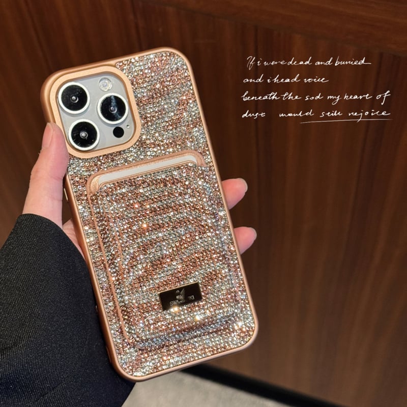 Carcasă telefon cu buzunar magnetic pentru carduri, model zebra cu rhinestones – material PC, anti-cădere, compatibilă cu iPhone 13/13 Pro Max și 14/14 Pro Max