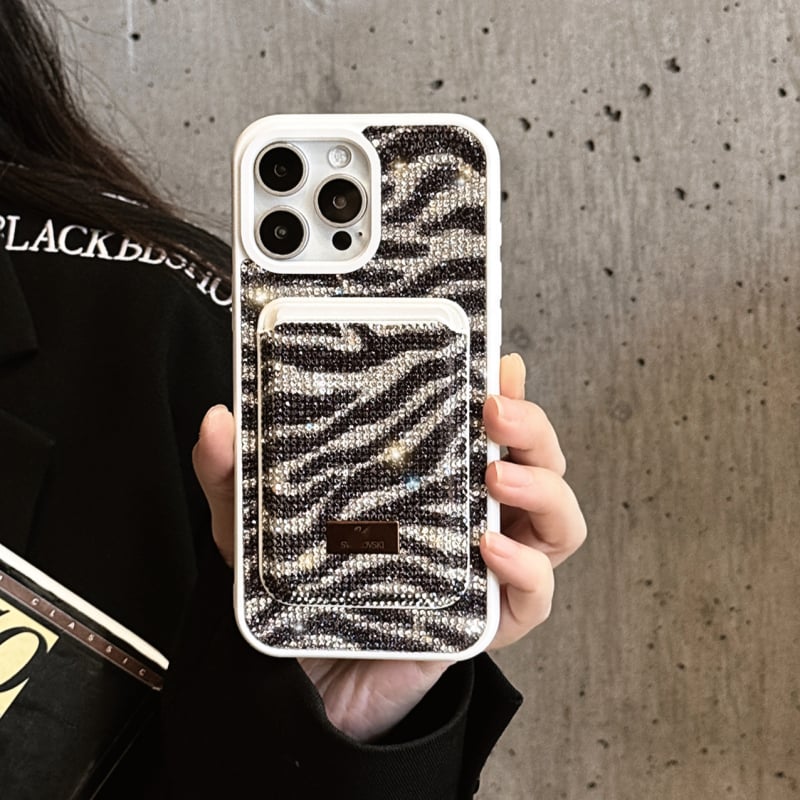 Carcasă telefon cu buzunar magnetic pentru carduri, model zebra cu rhinestones – material PC, anti-cădere, compatibilă cu iPhone 13/13 Pro Max și 14/14 Pro Max
