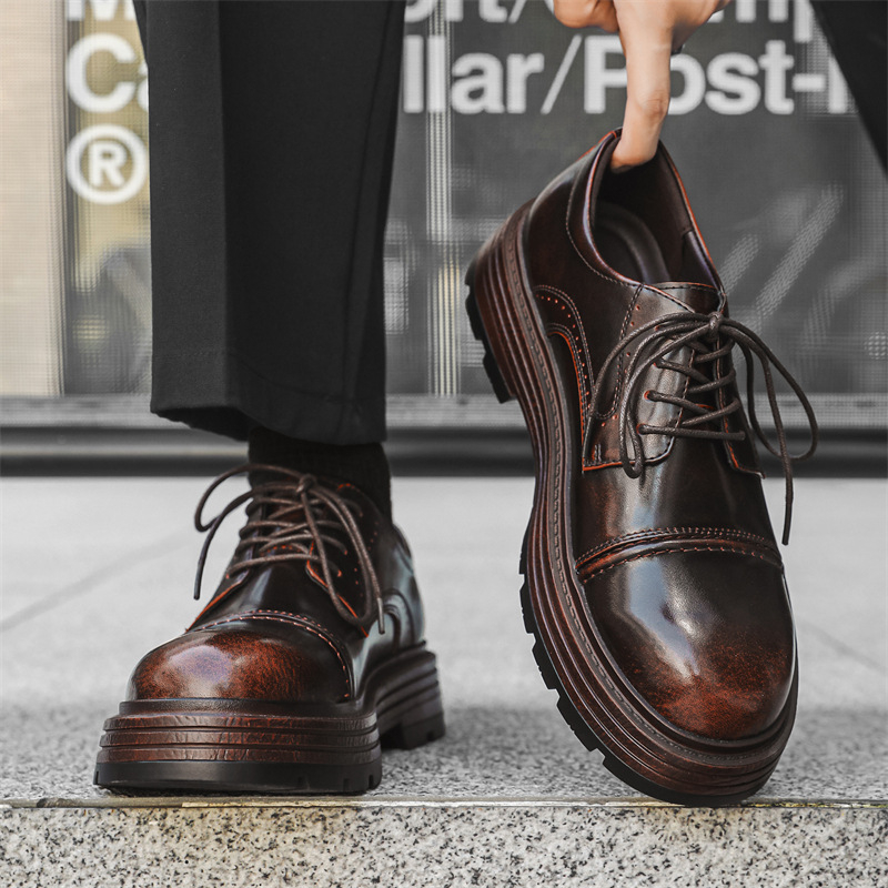 Pantofi Derby din piele, cu șireturi, vârf rotund, talpă din cauciuc rezistent la abraziune