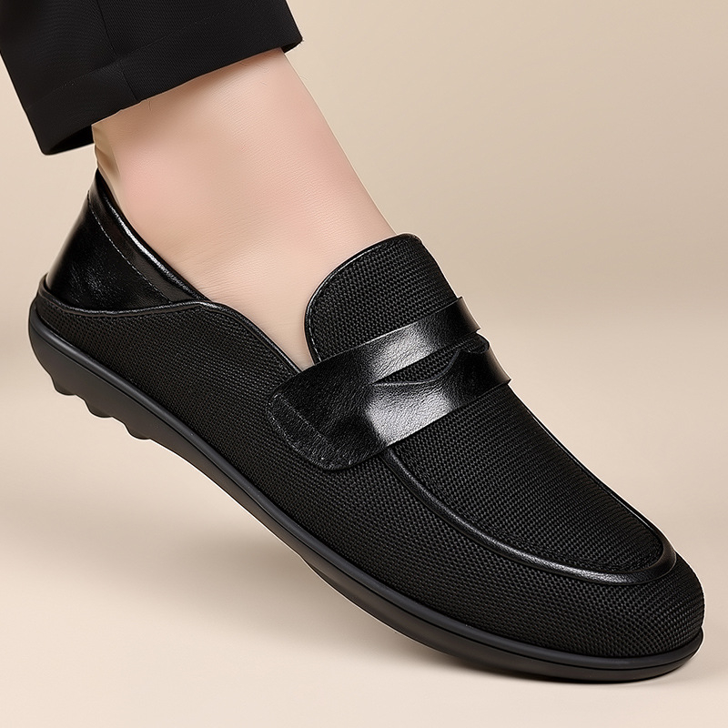 Muške prozračne casual kožne loaferice s gumom, mrežastom podstavom, okrugla špička, proljeće 2025