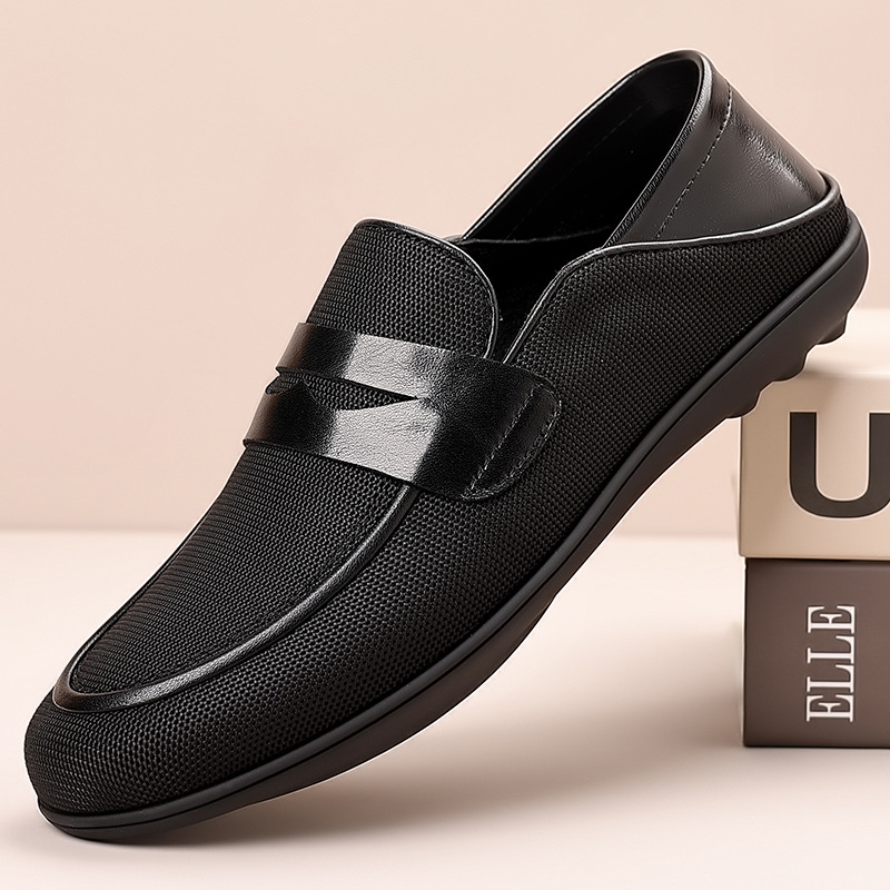 Muške prozračne casual kožne loaferice s gumom, mrežastom podstavom, okrugla špička, proljeće 2025