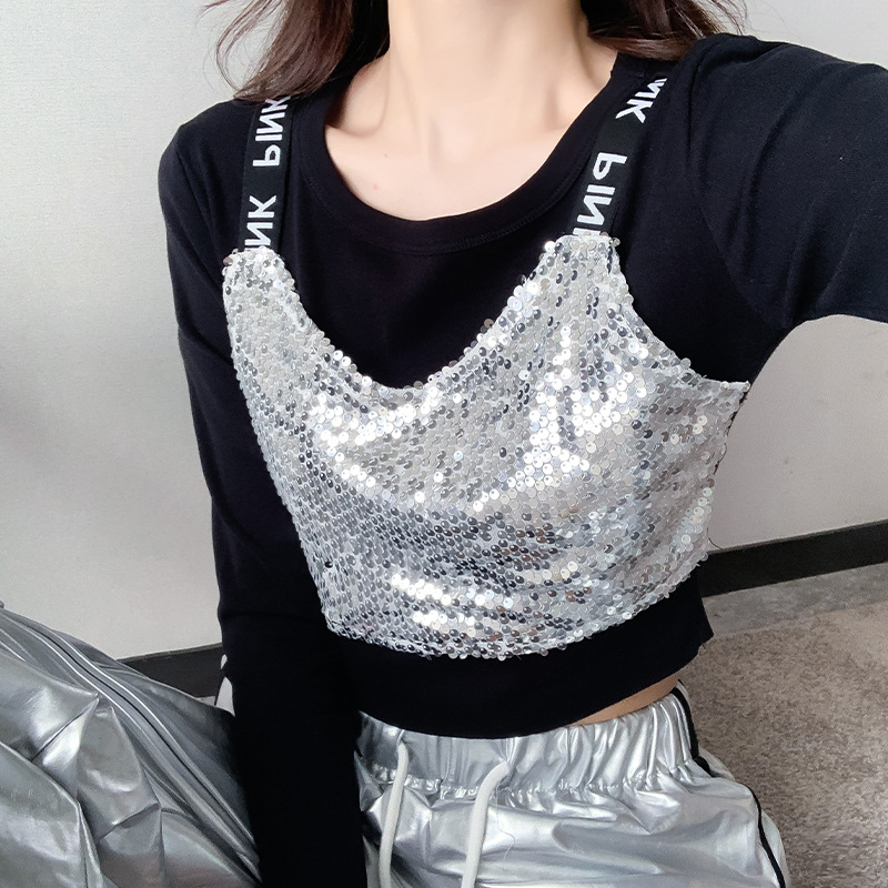 Női paillettes jazz tánc szett - rövid jelmez hip-hop utcai stílushoz, pamut 50–70% + másik anyag <30%, 2025 tavasz