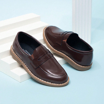 Pantofi pentru copii, stil britanic, slip-on, vârf rotund, toc mic, PU partea superioară