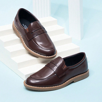 Pantofi pentru copii, stil britanic, slip-on, vârf rotund, toc mic, PU partea superioară